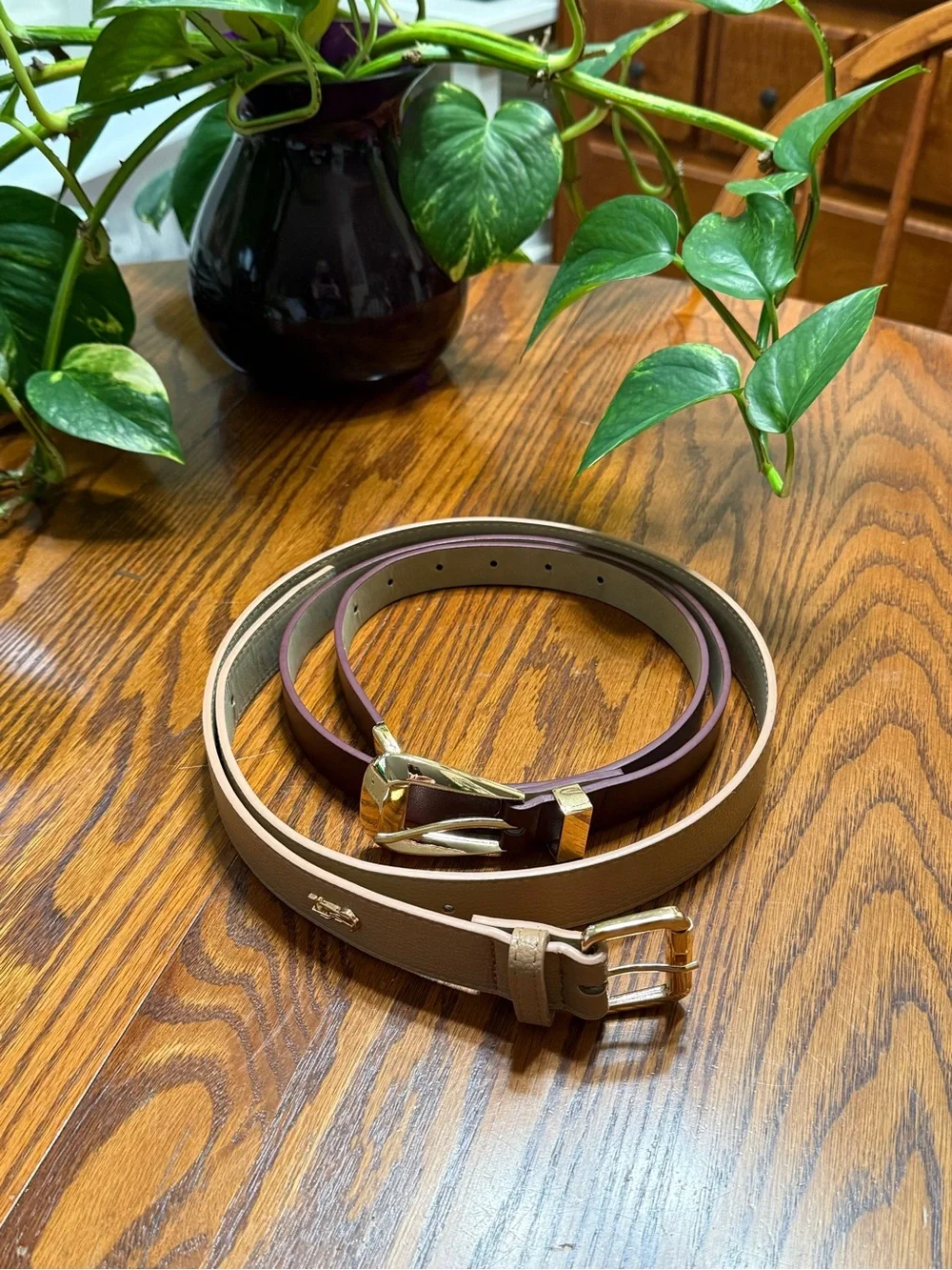 Women's Vegan Faux Leather Belts in Tan and Maroon Set of 2
